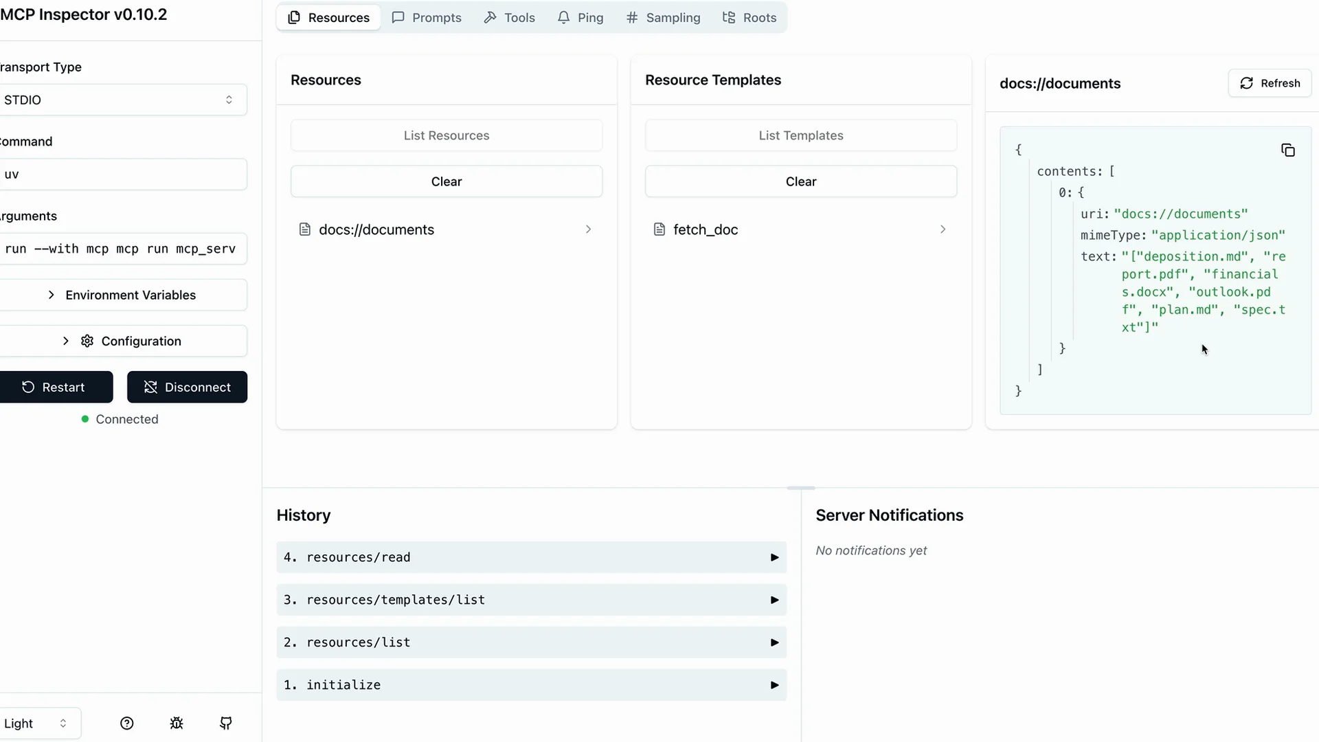 打开 Resources 标签页的 MCP Inspector，显示 Resources 下的 docs://documents 直接资源、Resource Templates 下的 fetch_doc 模板，以及 docs://documents 的 JSON 响应，包括其 URI、mimeType 和序列化的文档名称列表