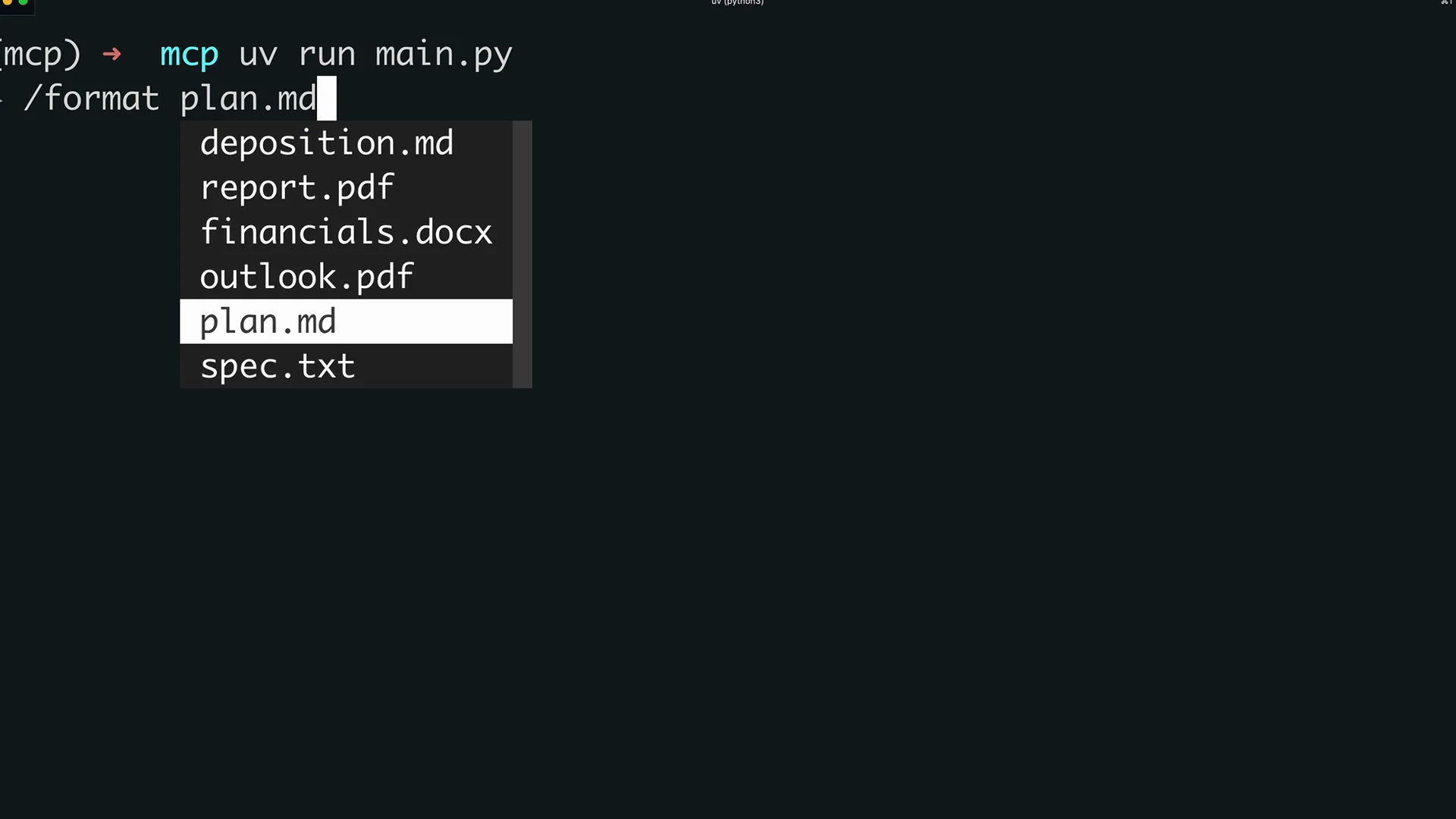 输入"/format plan.md"后的 CLI，显示一个可用文档的下拉列表——deposition.md、report.pdf、financials.docx、outlook.pdf、plan.md 和 spec.txt——其中 plan.md 被高亮显示
